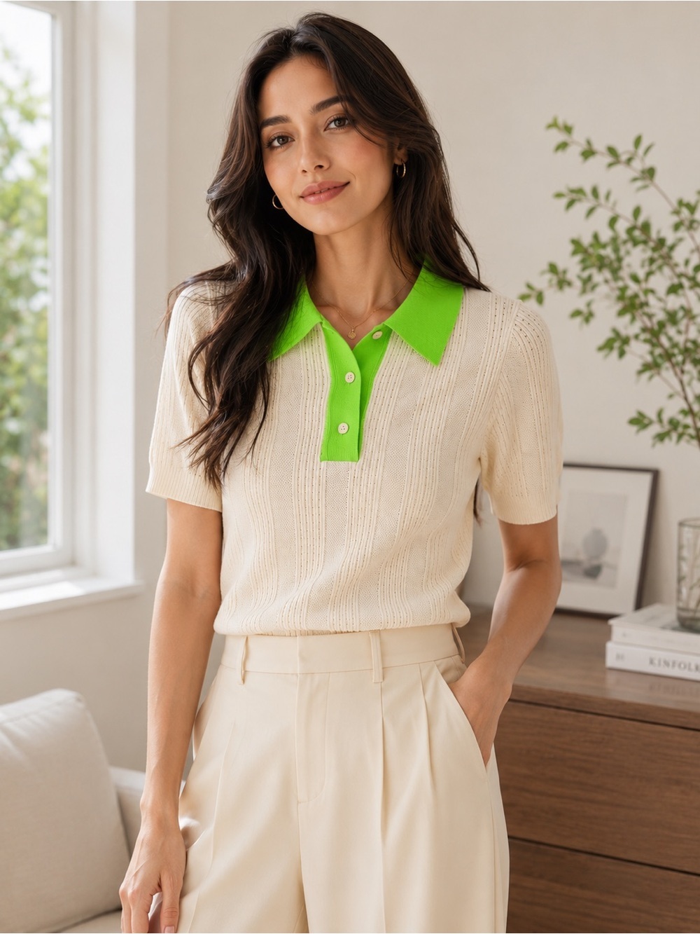 Tory Burch Cotton Pointelle Polo Sweater XS New Ivory Vibrant Green NWT